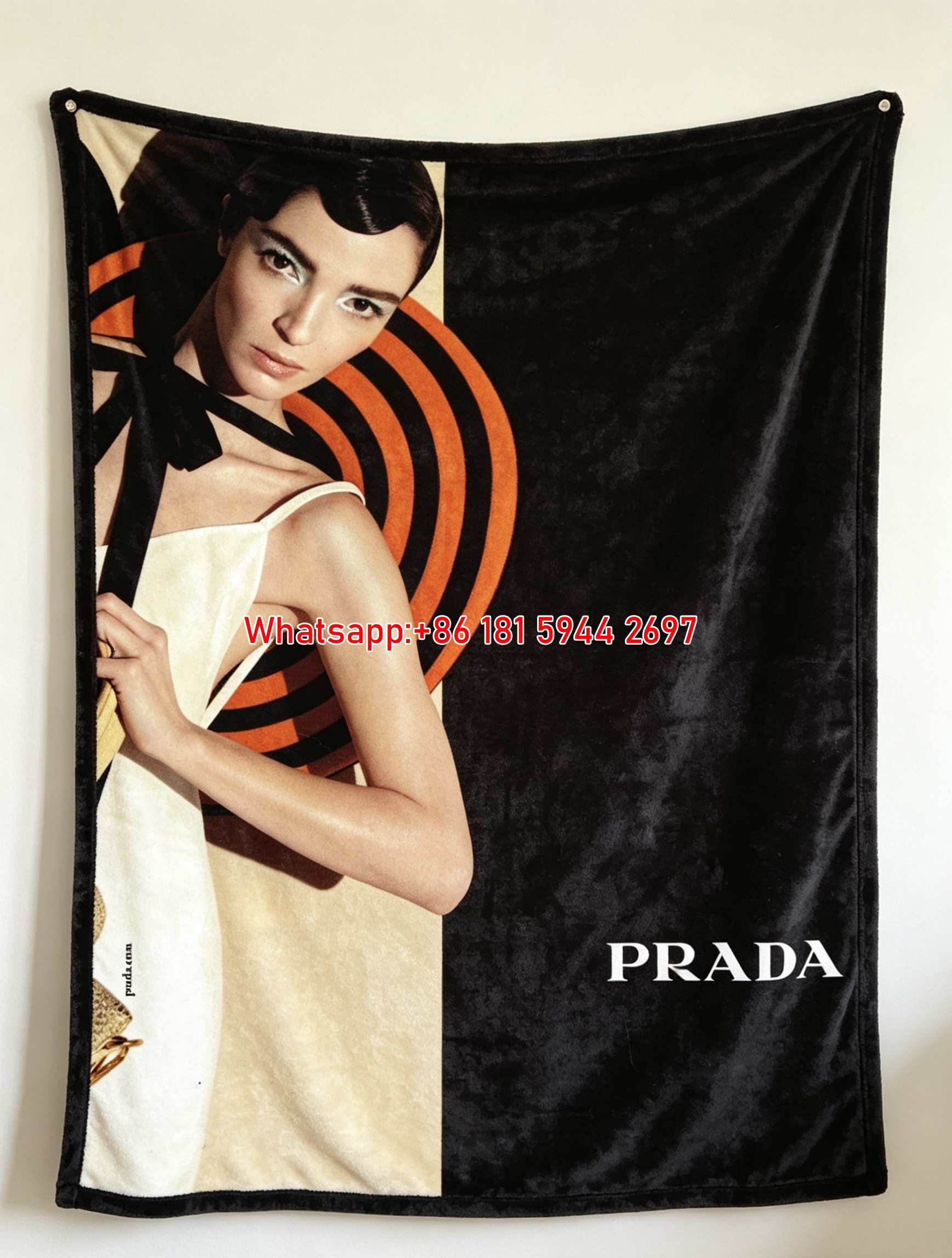 Prada White Dress Orange Black Stripe Hat Print Flannel Throw Blanket IMG_2813